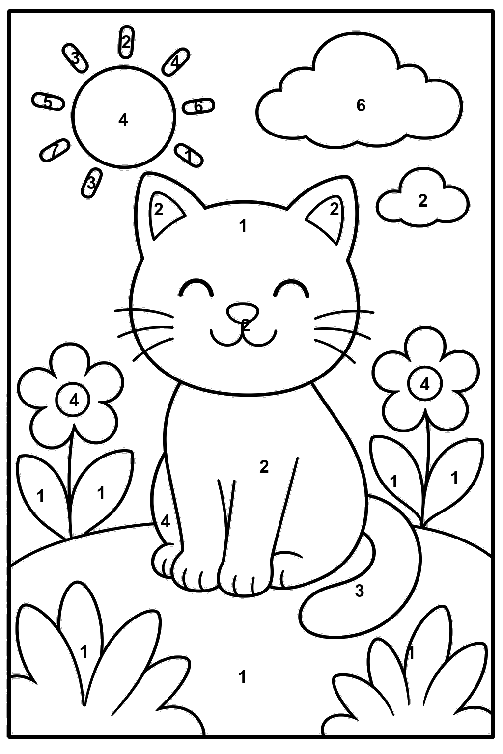 Numbered cute cat garden coloring page